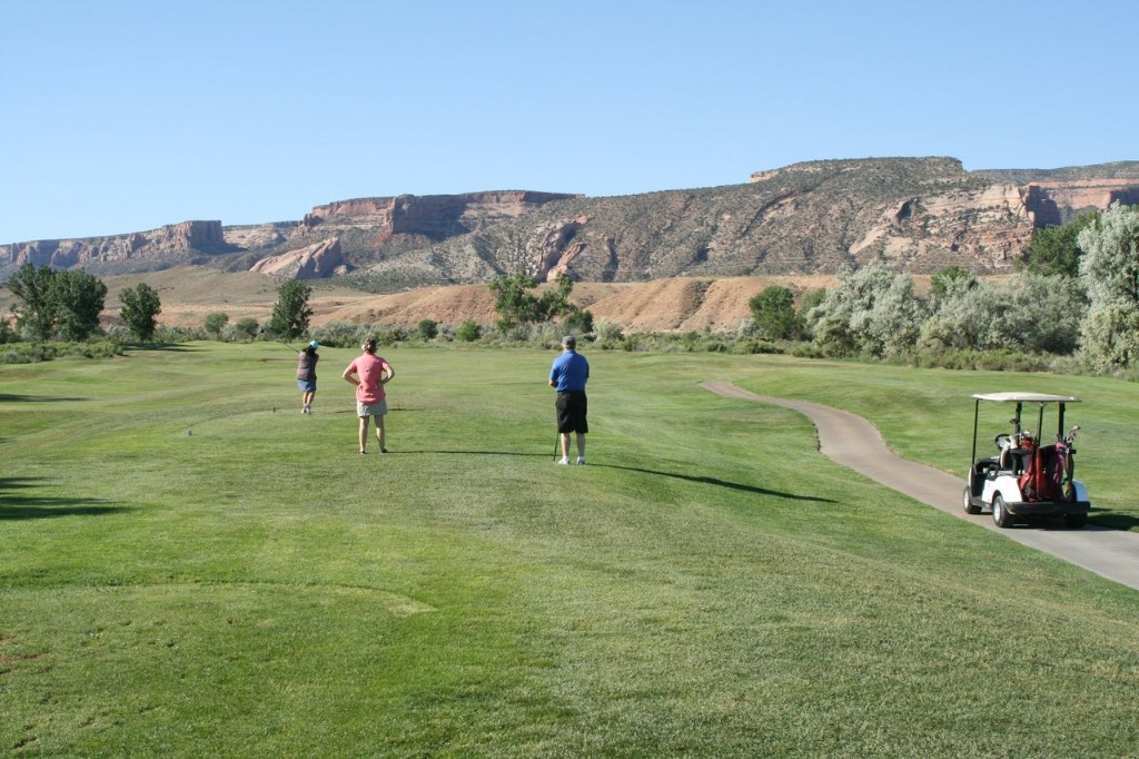 Golfers on a desert course with red rock behind them